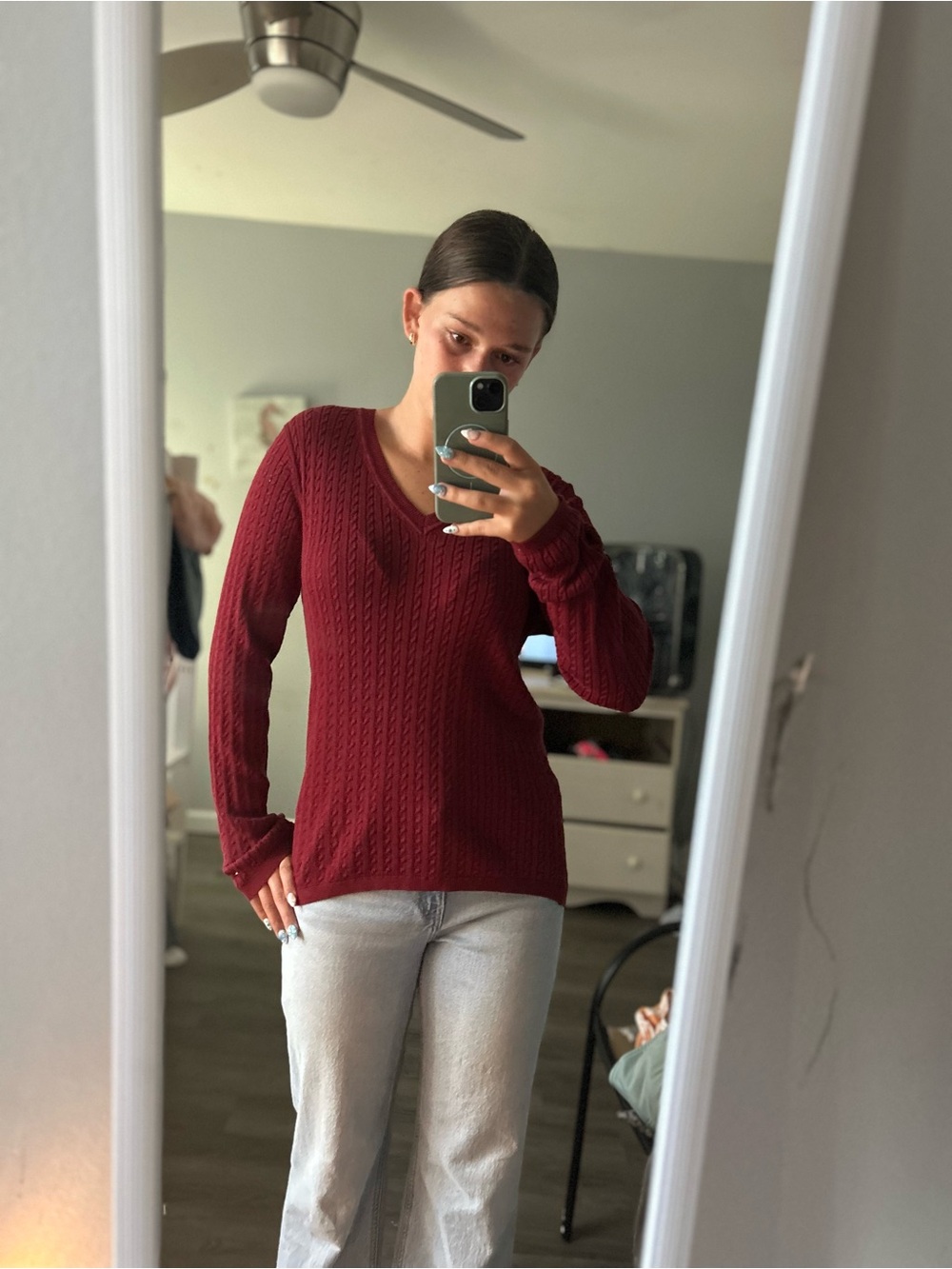 Tommy Hilfiger Burgundy Cable Knit V-Neck Sweater